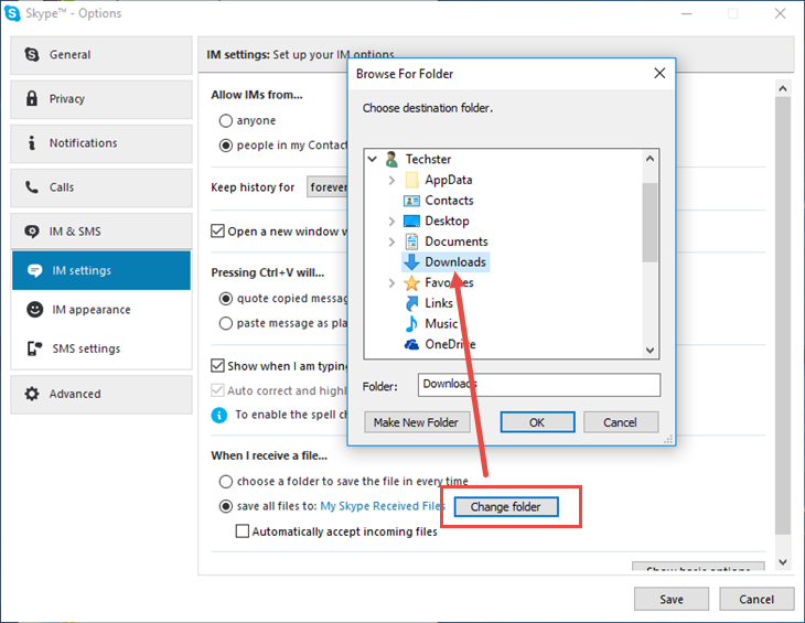 How to change the default Skype Downloads folder
