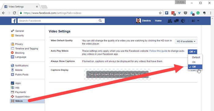 Disable autoplay videos on Facebook