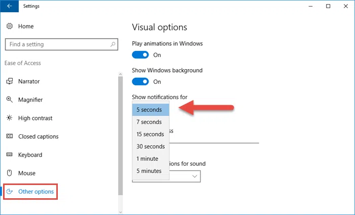 Change notifications display time in Windows 10