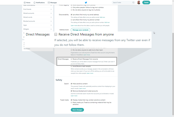Enable or disable Direct Messages from anyone on Twitter