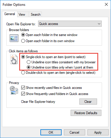Open files and folders with single click in Windows 10