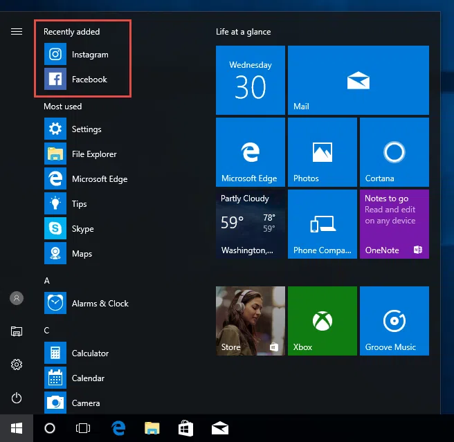 Recently added apps on Windows 10 Start menu
