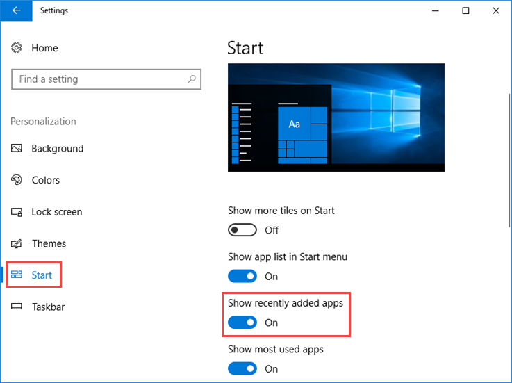Recently added apps on Windows 10 Start menu
