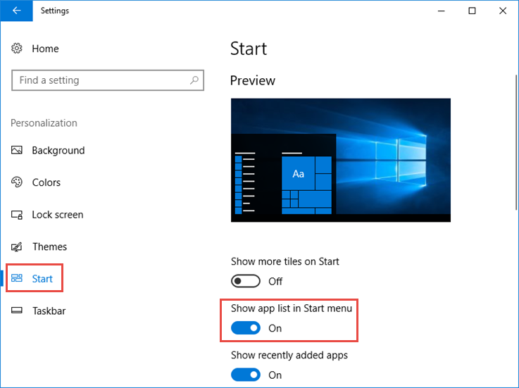Show or hide app list in Windows 10 Start menu