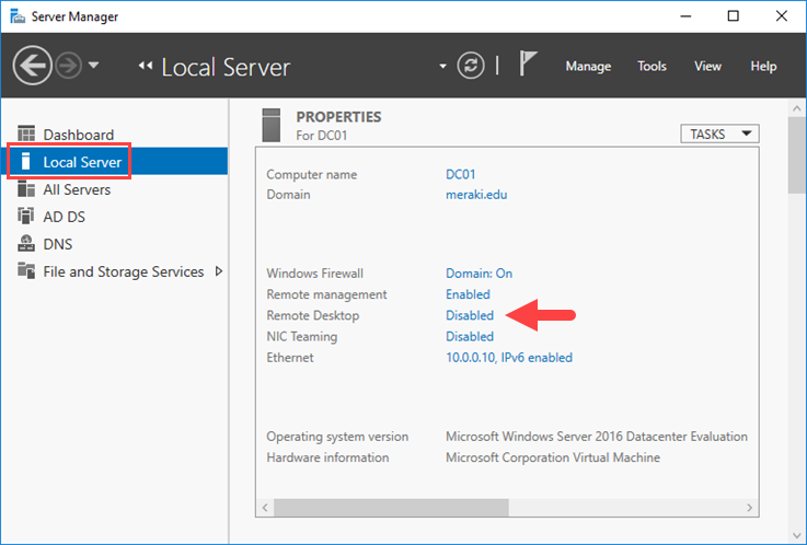 Enable Remote Desktop in Windows Server 2016