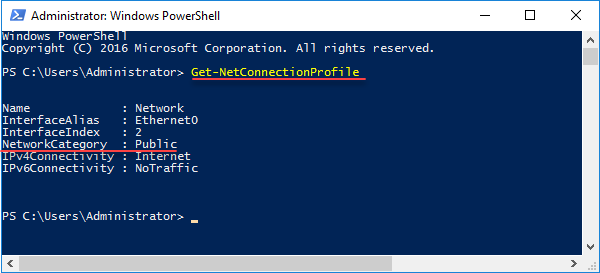 Change network type using PowerShell in Windows Server 2016