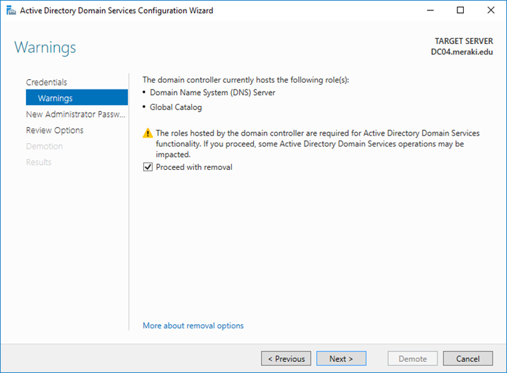 Demote a Windows Server 2016 Domain Controller