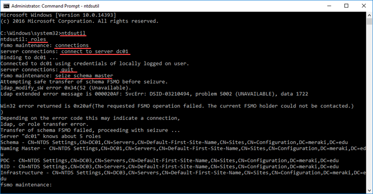 seize roles from failed domain controller