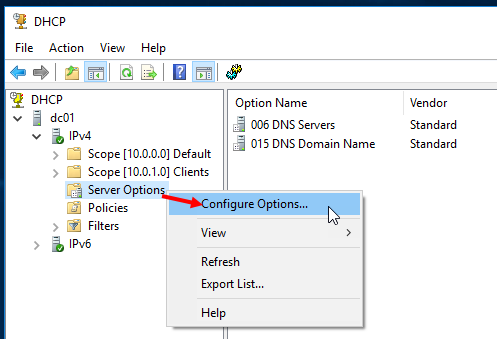 Configure DHCP Server and Scope Options in Windows Server 2016