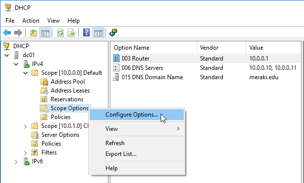 Configure DHCP Server and Scope Options in Windows Server 2016