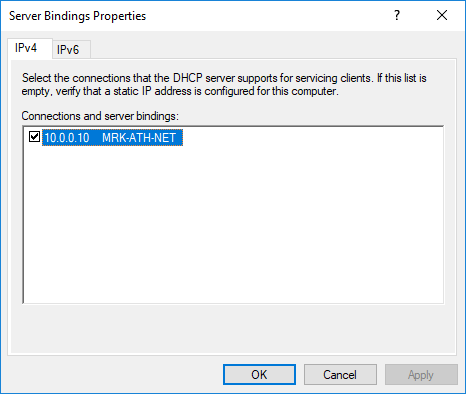 Add or remove bindings in DHCP Server 2016