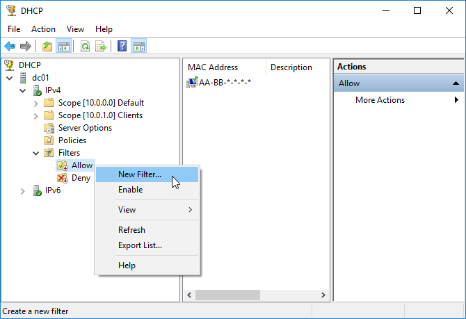Configure DHCP Server 2016 Filters