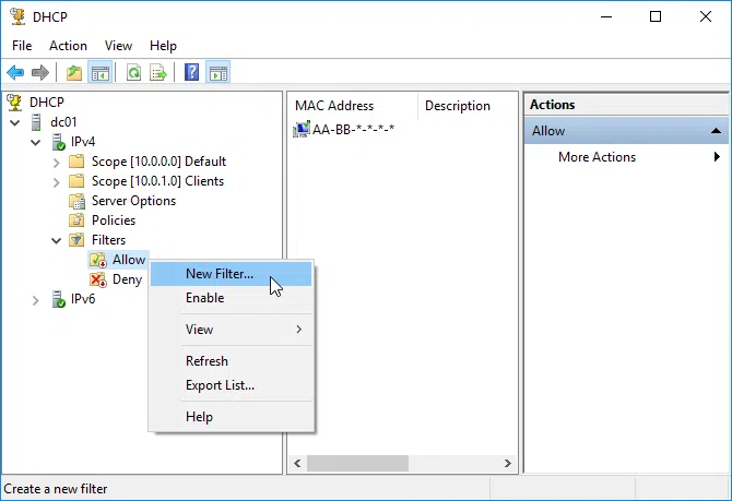 Configure DHCP Server 2016 Filters
