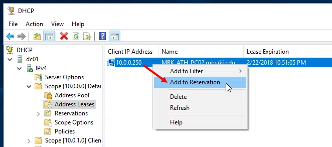 Configure Reservations in DHCP Server 2016