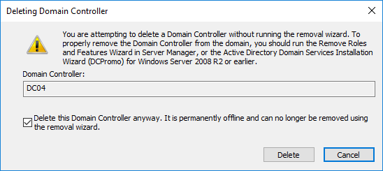 Forced removal of a Domain Controller from Active Directory